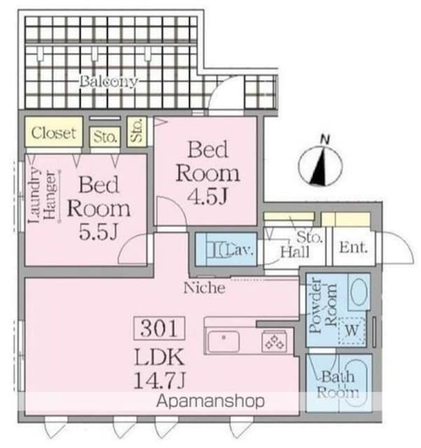 コリーヌ駒場池尻[2LDK/57.48m2]の間取図
